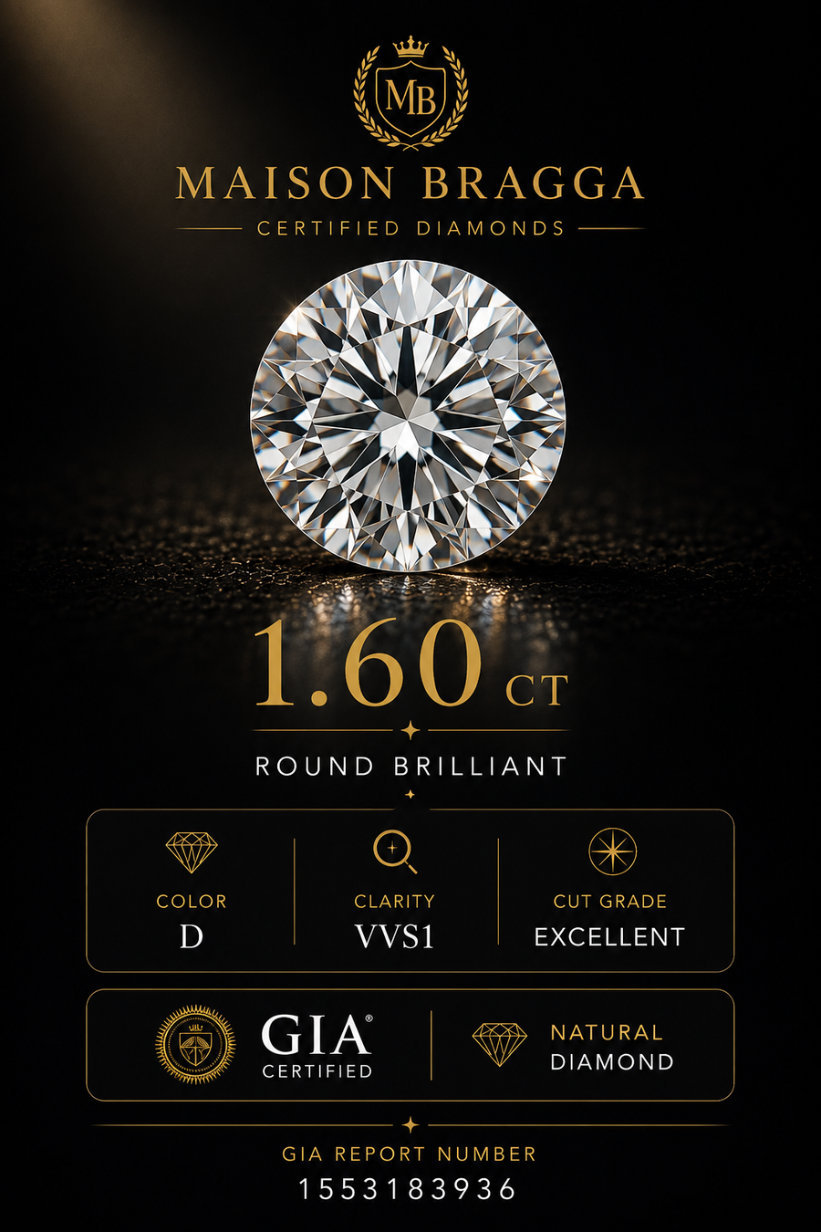 1.60 ct Round Brilliant Natural Diamond – D Color – VVS1 – GIA Certified