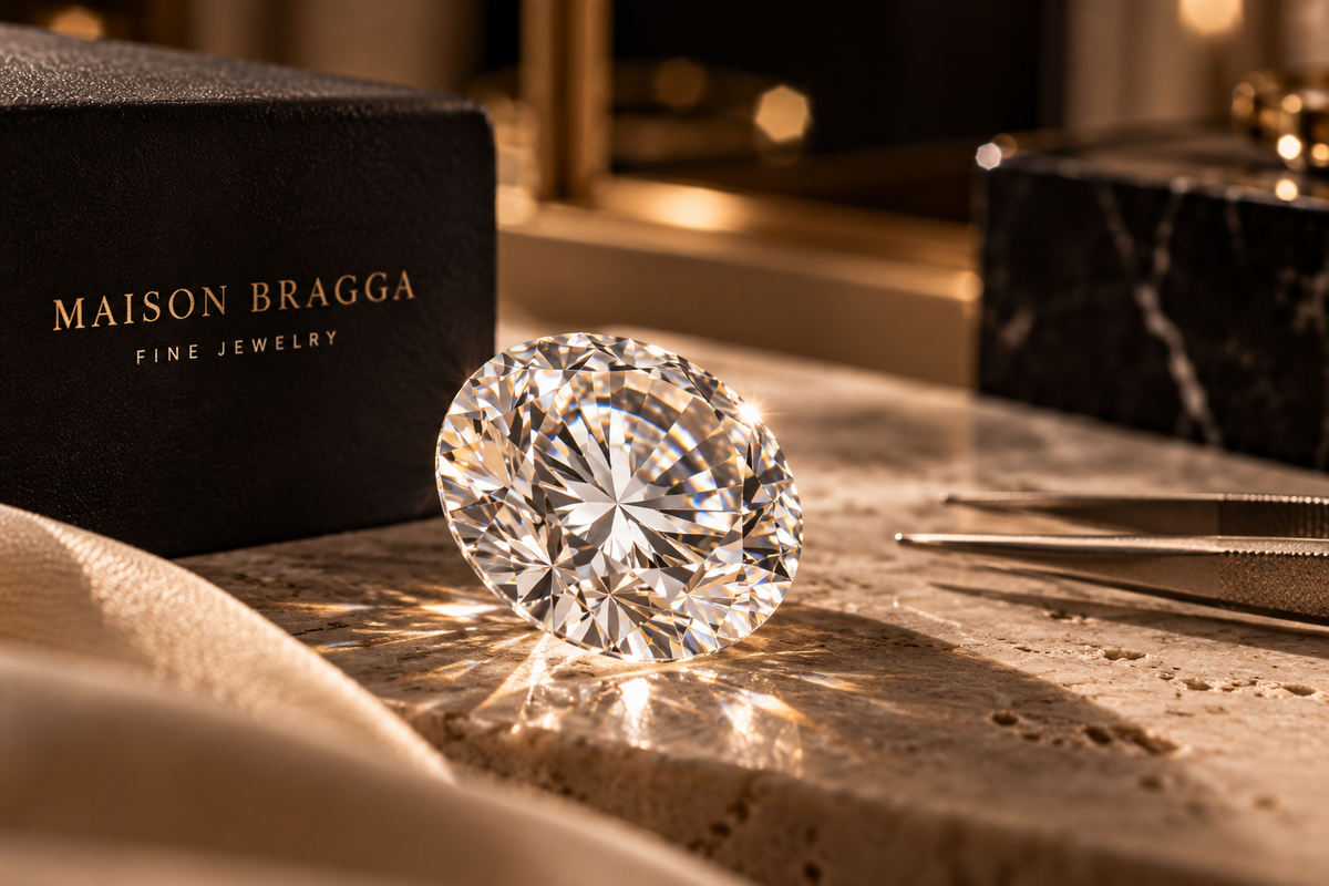 Brilliant round diamond on cream marble in a Maison Bragga fine jewelry setting