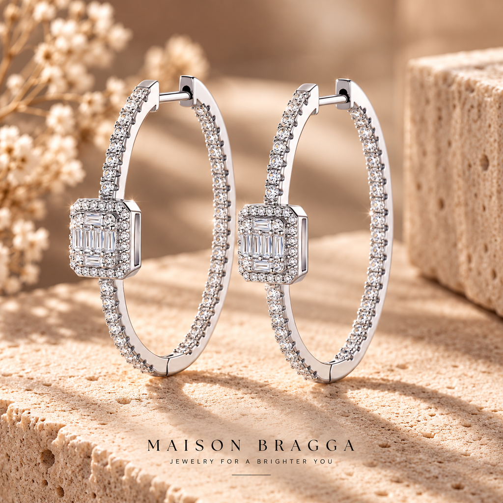 Close-up of the Cadréa square moissanite hoop earrings