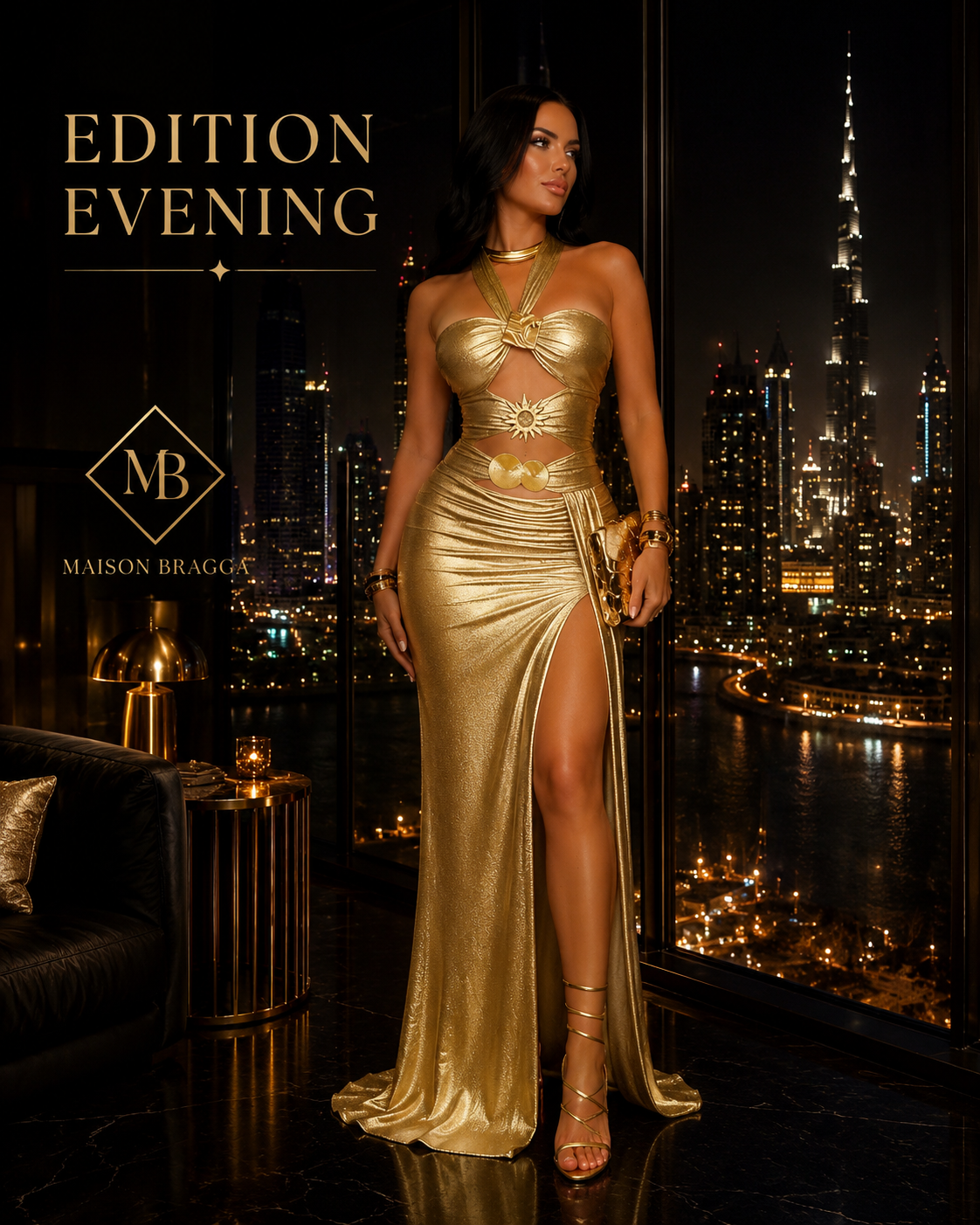 Maison Bragga Celene metallic backless evening gown with lace-up back in a luxurious evening setting