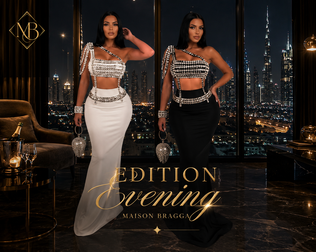 Maison Bragga Celestine rhinestone two-piece evening set styled in a glamorous luxury interior