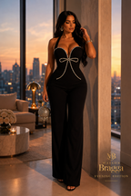 Maison Bragga Velmirela black crystal sculpt jumpsuit worn in an elegant luxury penthouse setting