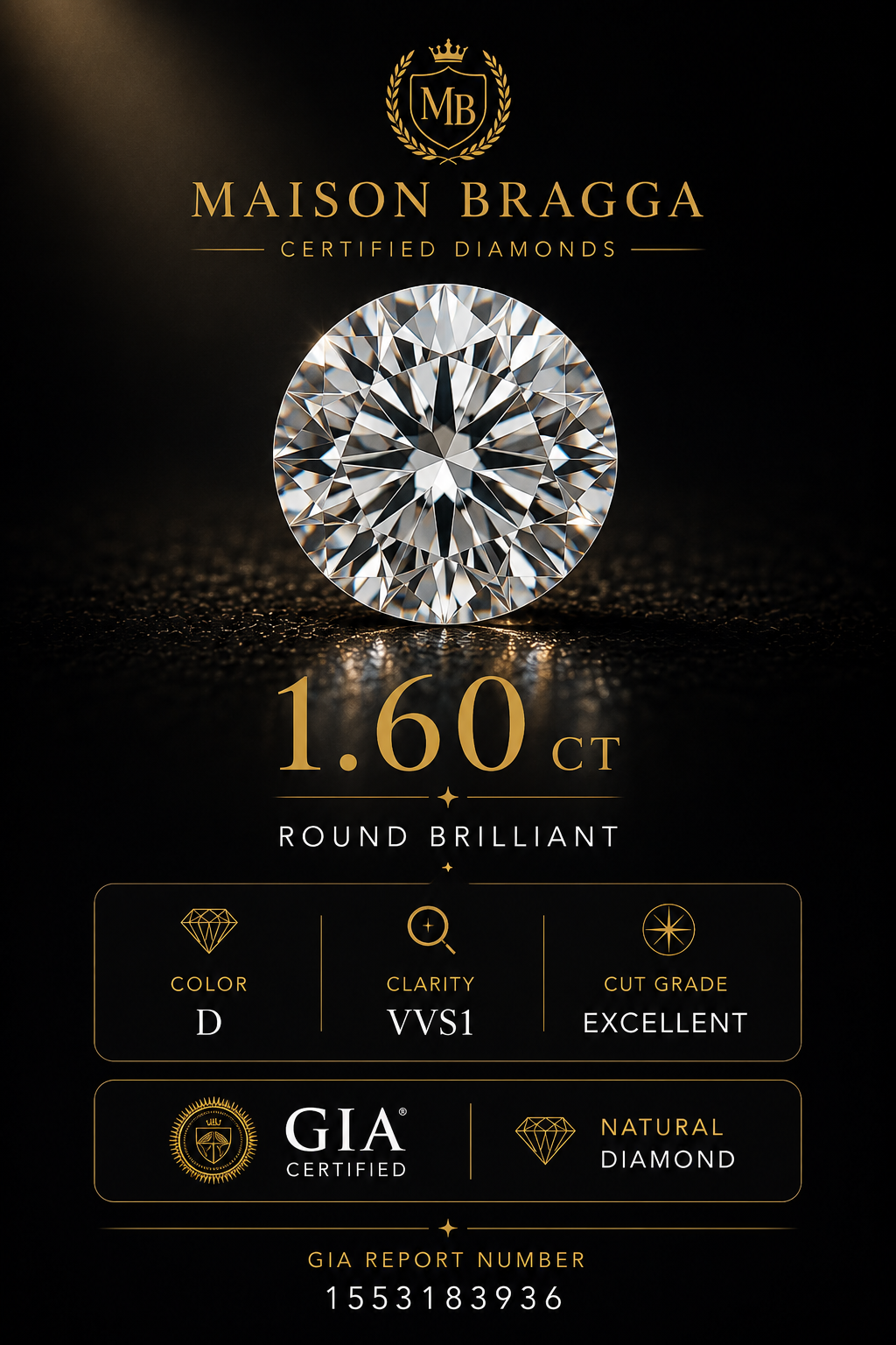 1.60 ct Round Brilliant Natural Diamond – D Color – VVS1 – GIA Certified