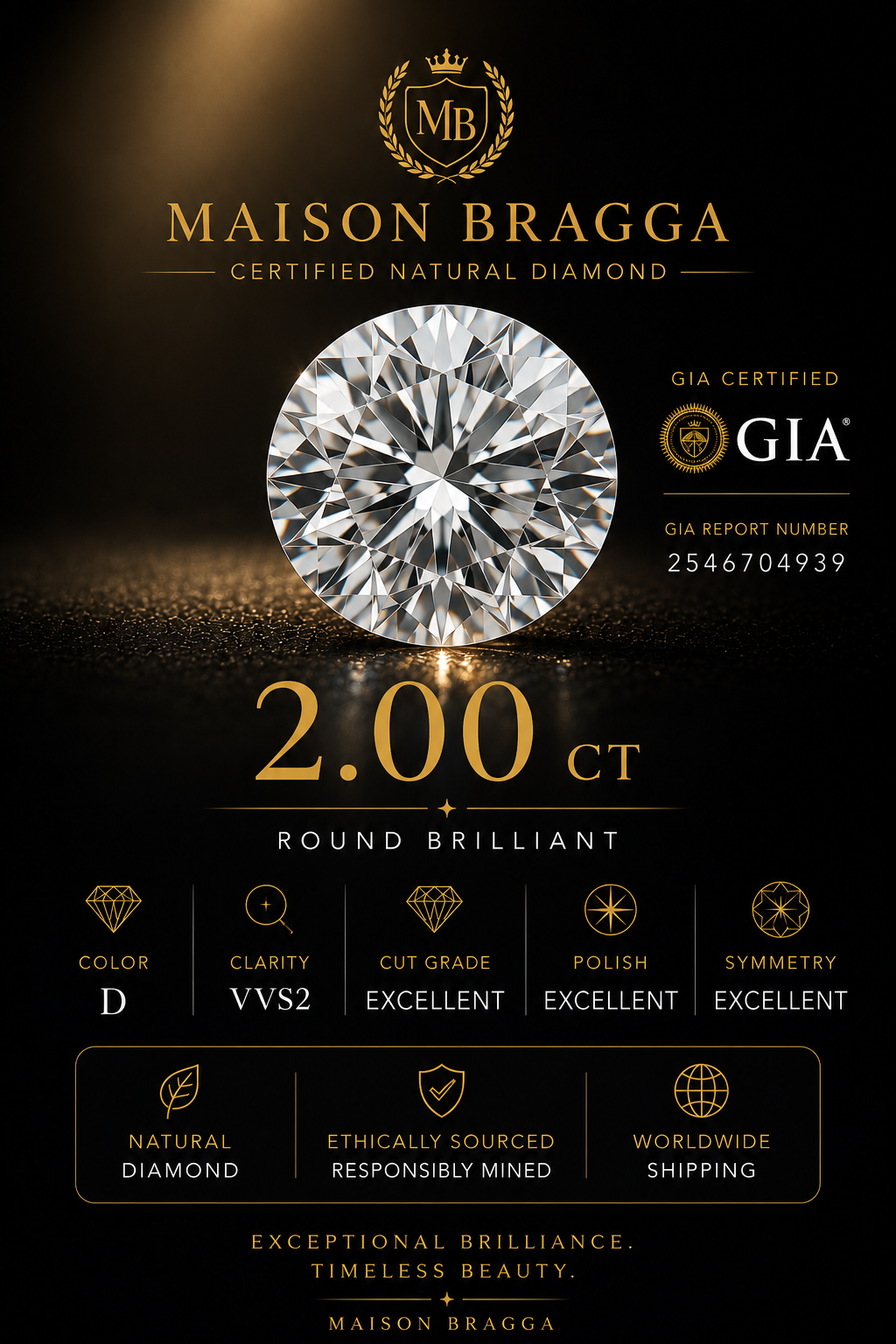 2.00 ct Round Brilliant Natural Diamond – D Color – VVS2 – GIA Certified