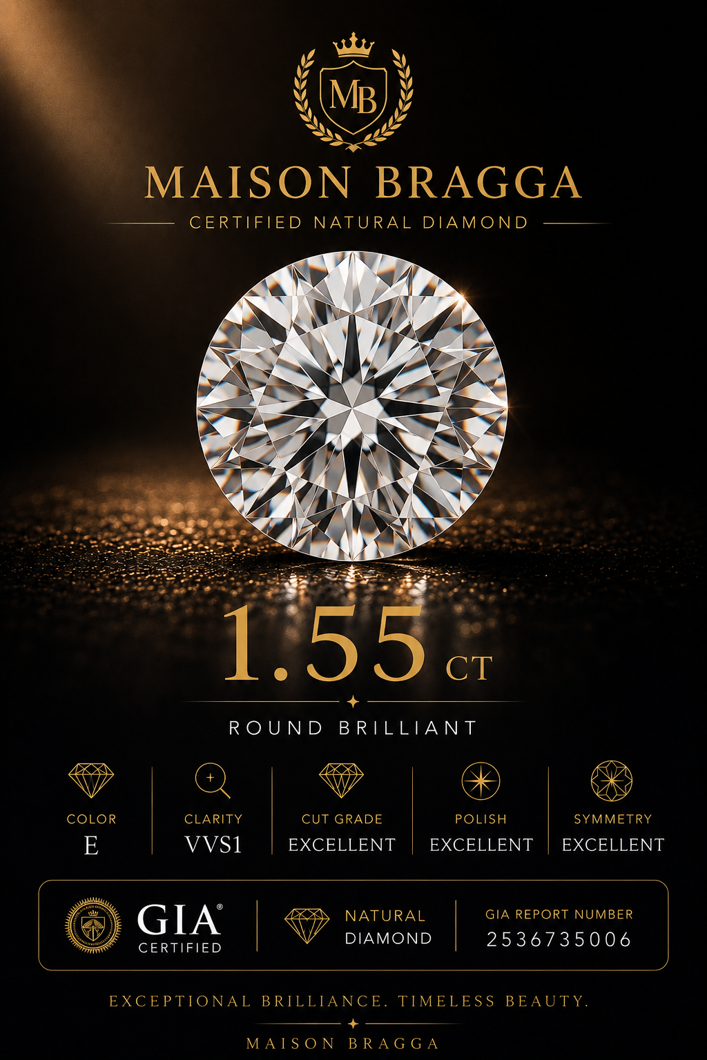 1.55 ct Round Brilliant Natural Diamond – E Color – VVS1 – GIA Certified