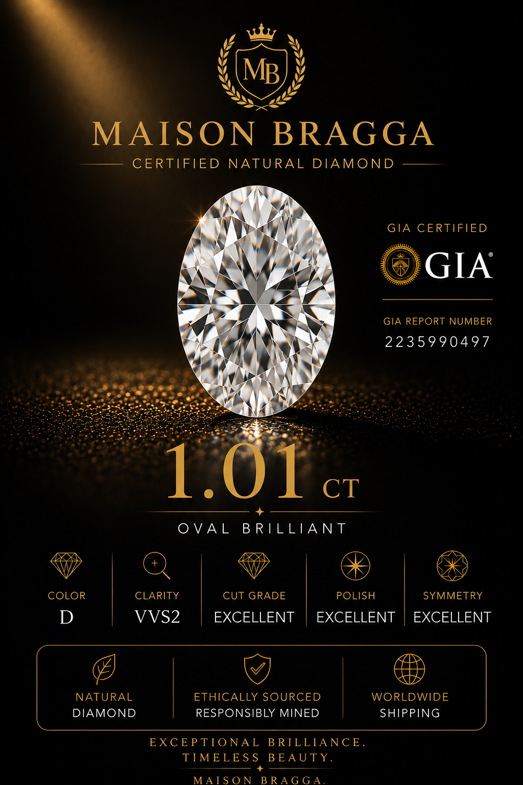 1.01 ct Oval Brilliant Natural Diamond – D Color – VVS2 – GIA Certified