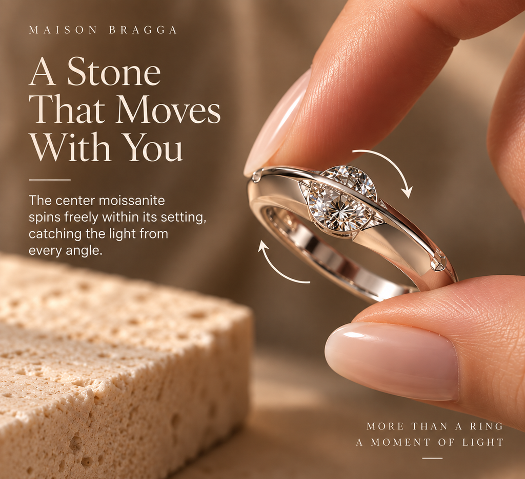 Élystra Moissanite Ring side view showing the rotating center setting