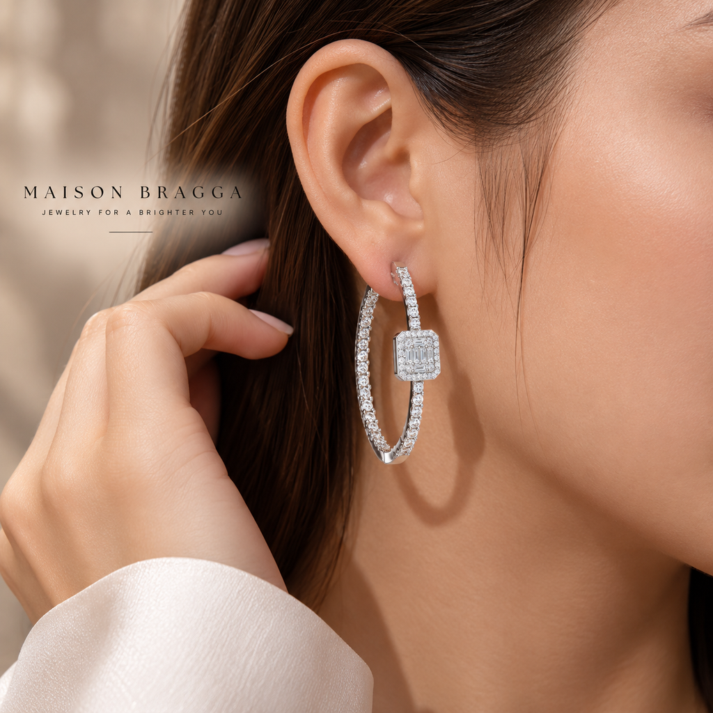 Cadréa Moissanite Hoops geometric profile with pavé-set stones