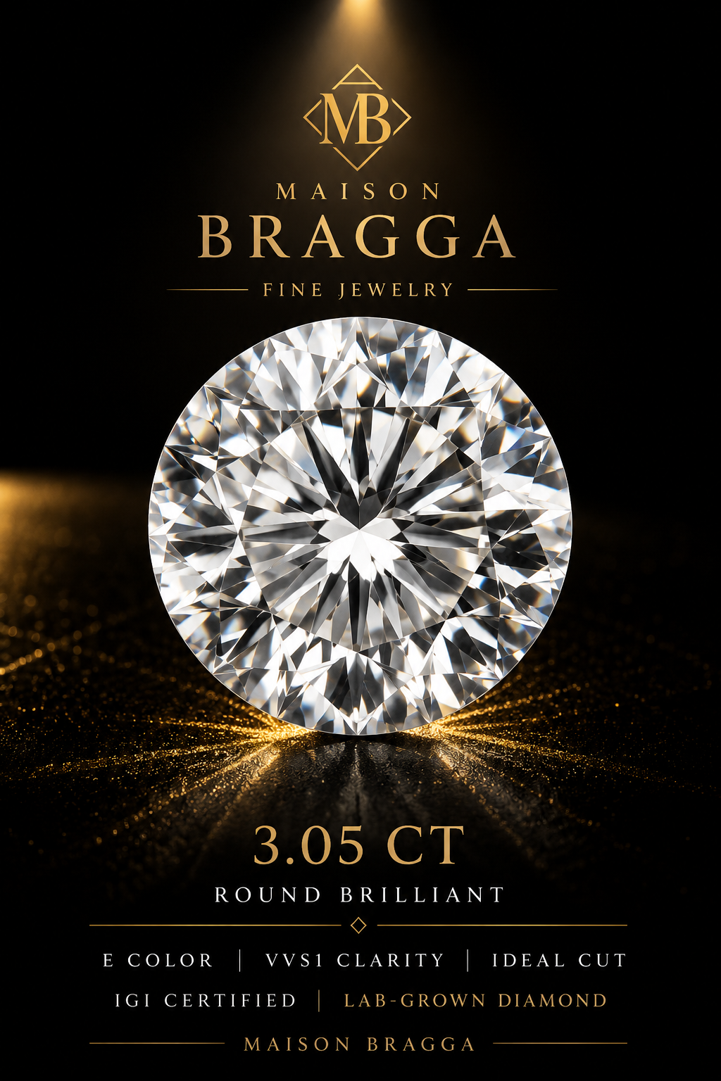 3.05 ct Round Brilliant Lab-Grown Diamond – E Color – VVS1 – IGI Certified