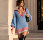 Rivelle Striped Knit Dress in Lake Blue with red striped V-neck, puff sleeves and fringed hem