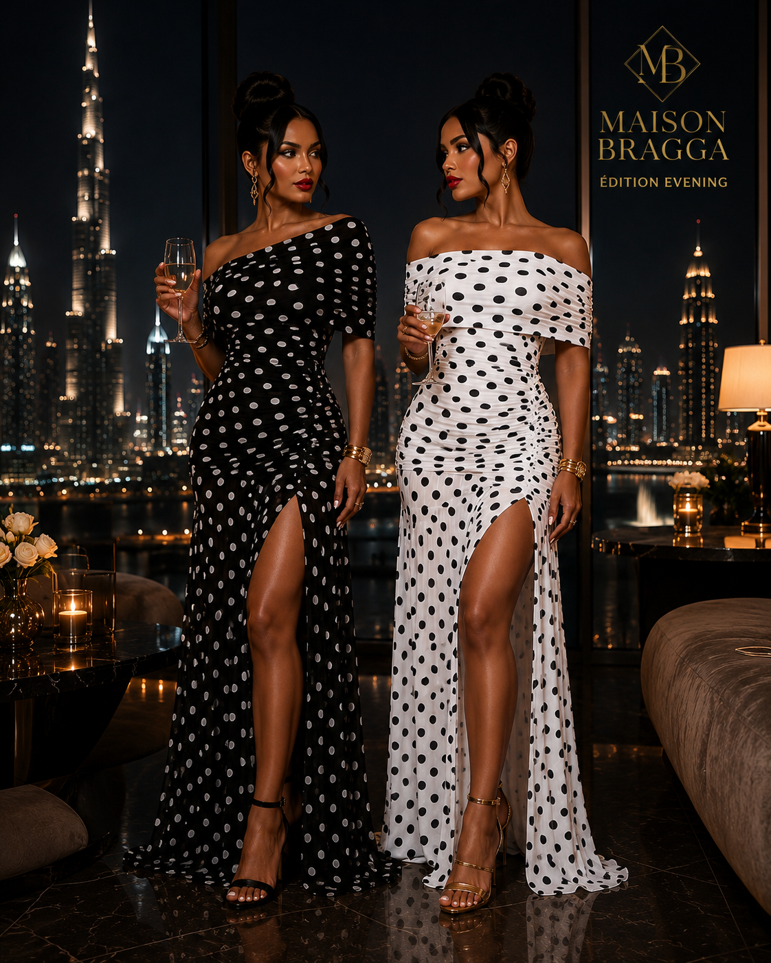 Maison Bragga Monroe polka dot off-shoulder evening gown with fitted silhouette in a luxury setting