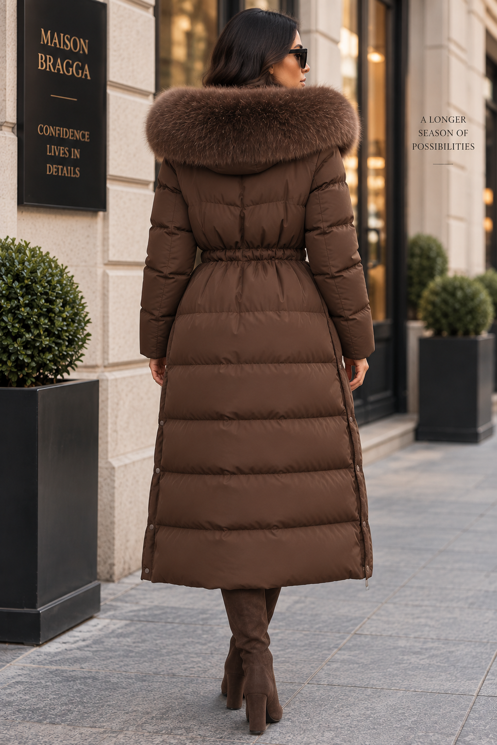 Elvara Long Puffer Coat in Brown, back view showing cinched waist and long quilted silhouette