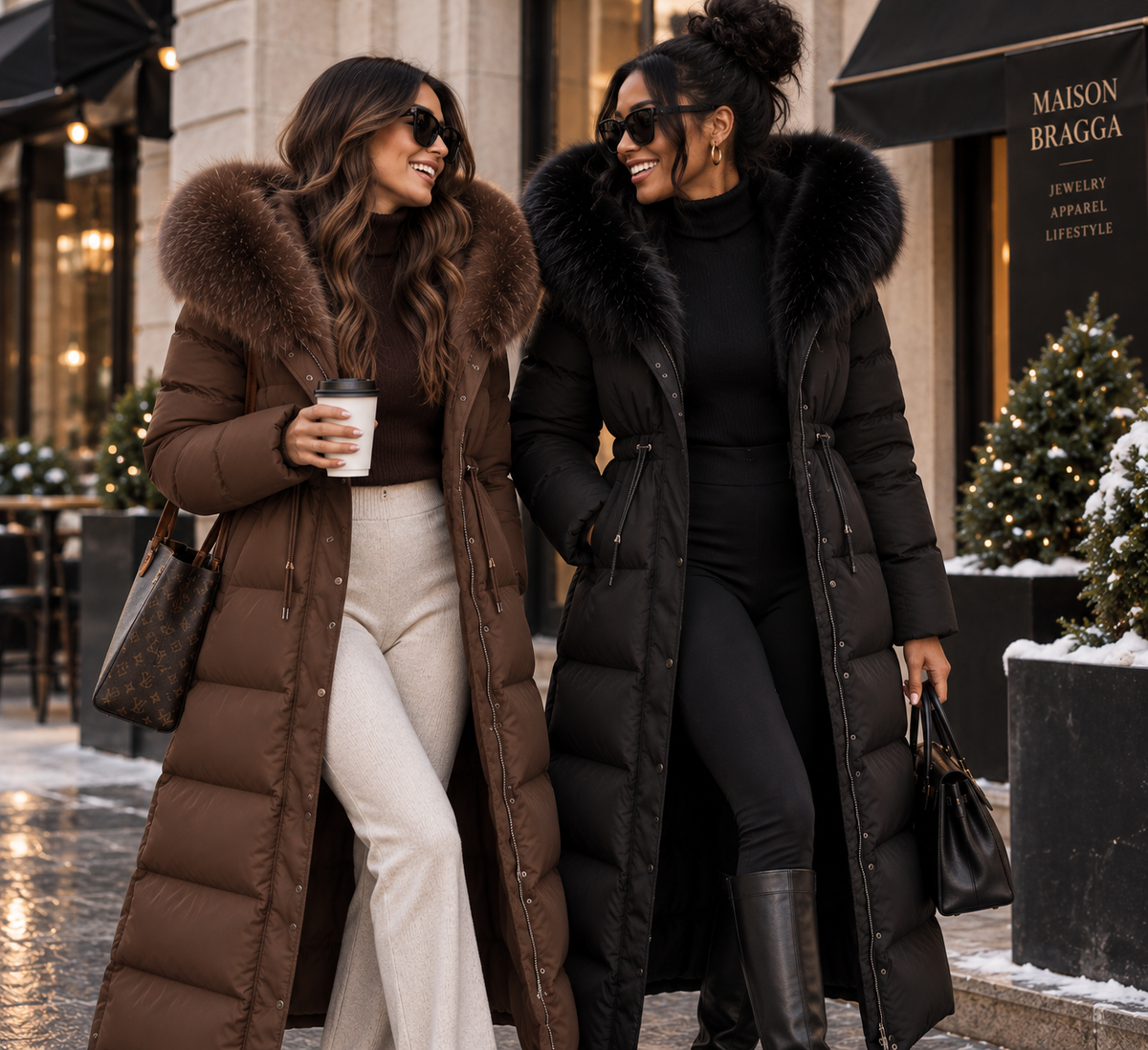 Elvara Long Puffer Coat in Brown and Black, Maison Bragga winter lifestyle