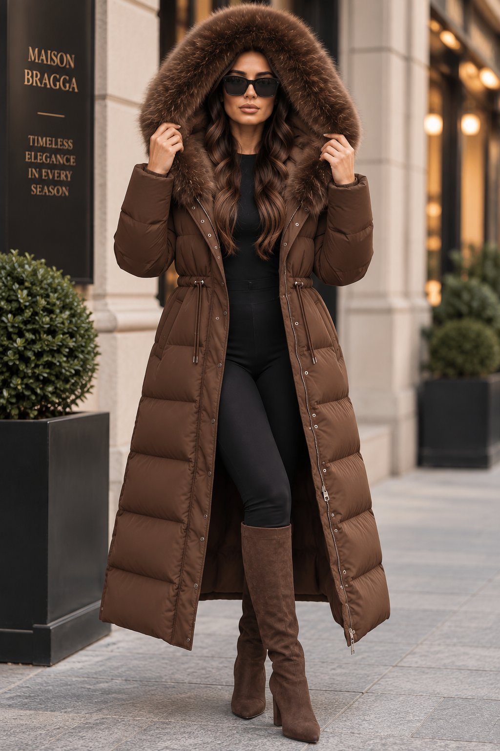 Elvara Long Puffer Coat in Brown with oversized fur-trimmed hood worn up