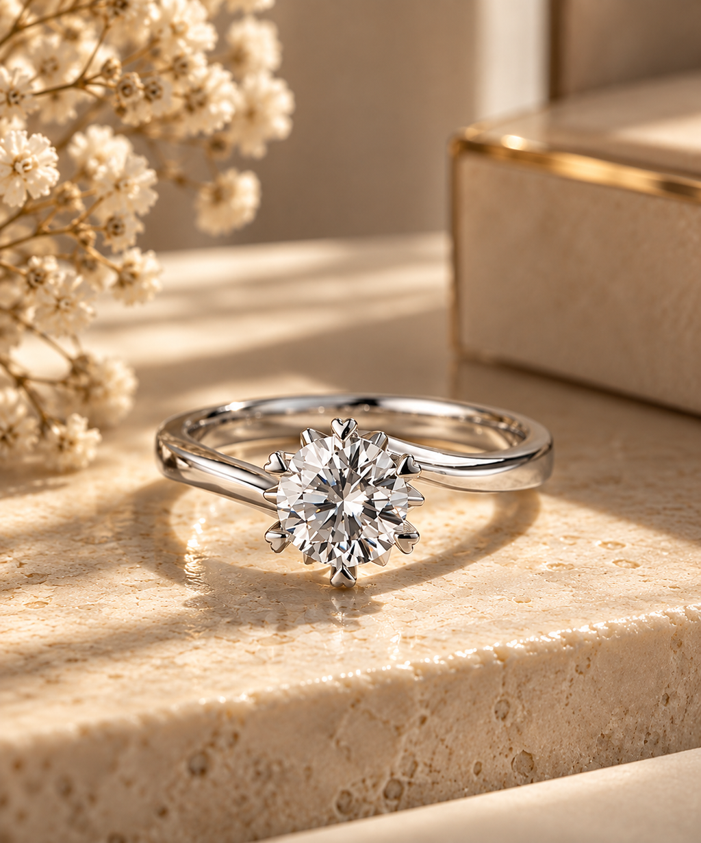 Astra Diamond Ring lifestyle view on warm ivory stone with round lab-grown diamond
