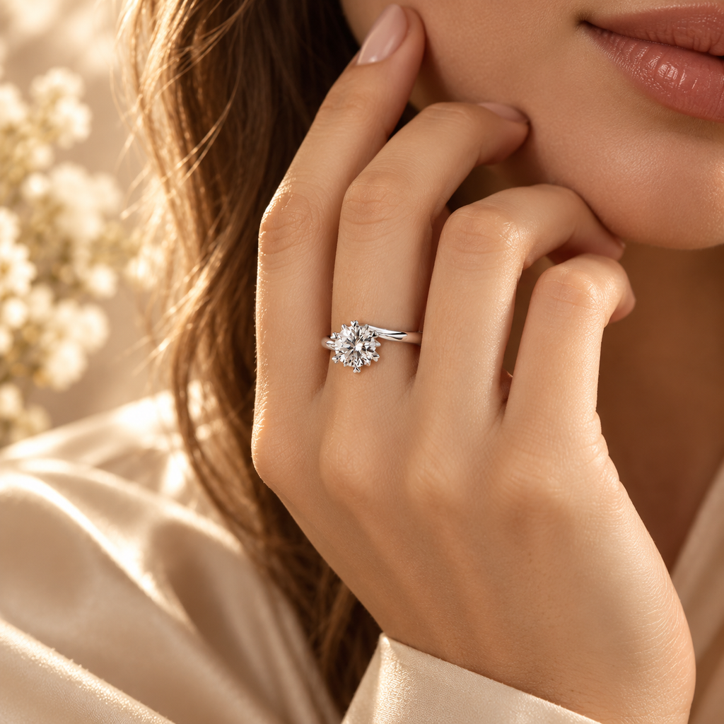 Astra Diamond Ring worn on hand showing twisted band and 1 carat round diamond