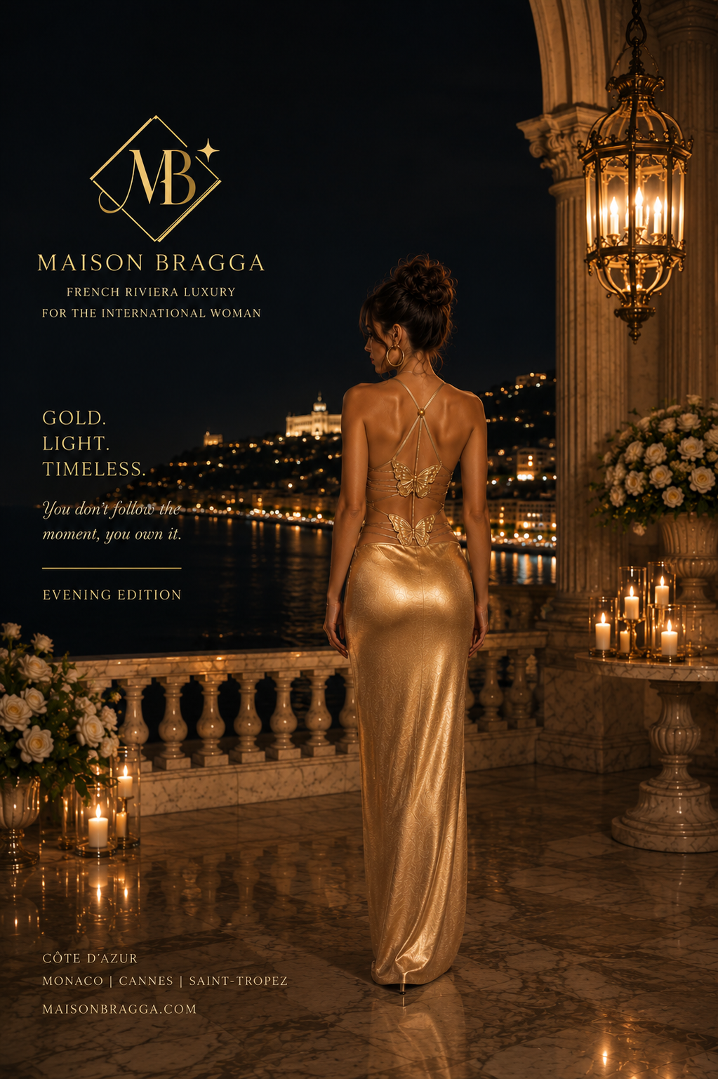 Maison Bragga Aurevine radiant gold halter-neck evening gown styled in a luxurious evening interior