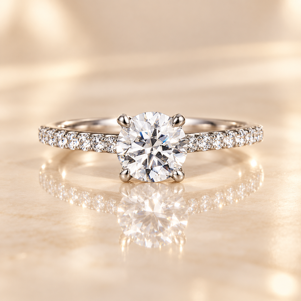 Aurora Diamond Ring with 1 carat round lab-grown diamond and zircon pavé band