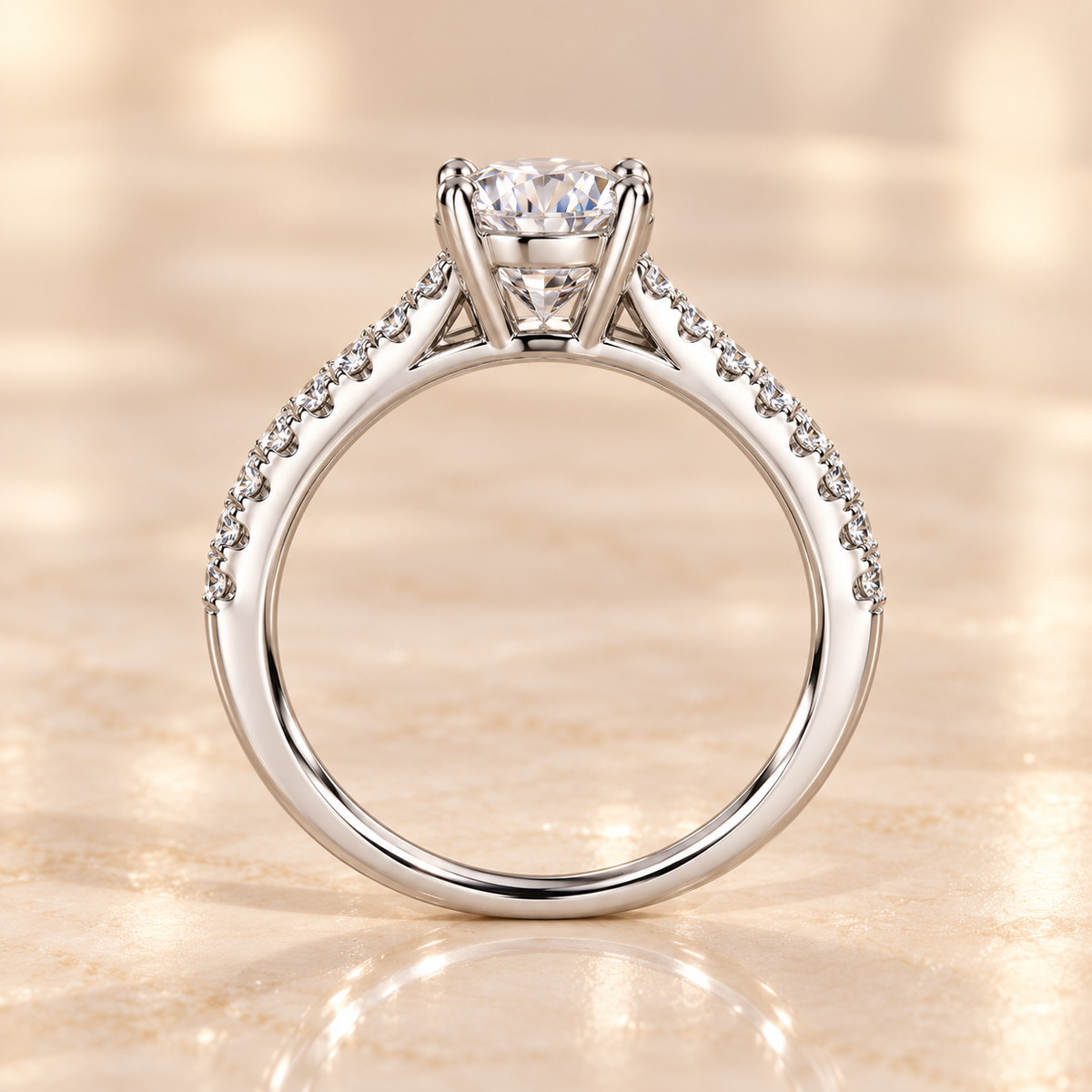 Macro view of the Aurora Diamond Ring round brilliant lab-grown diamond and zircon pavé