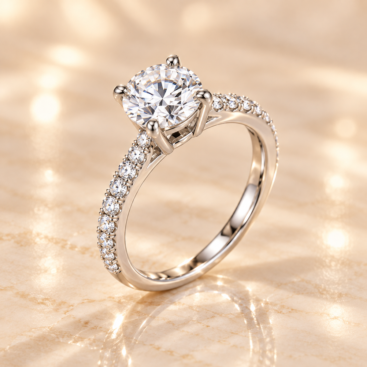 Three-quarter view of the Aurora Diamond Ring in rhodium-plated 925 sterling silver