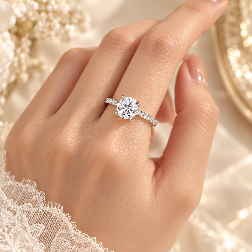 Aurora Diamond Ring worn on hand showing the 1 carat round center diamond and zircon pavé band