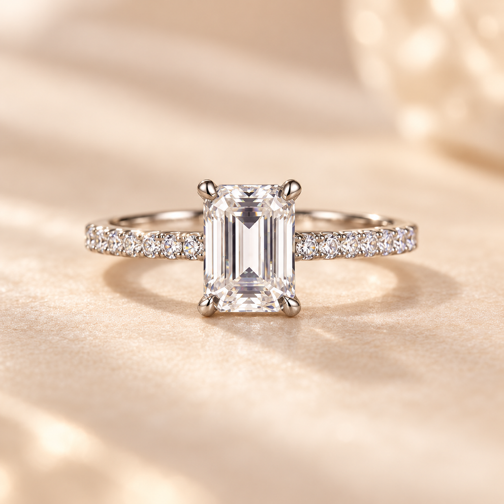 Celestia Ring with 1 carat emerald-cut lab-grown diamond and zircon pavé band