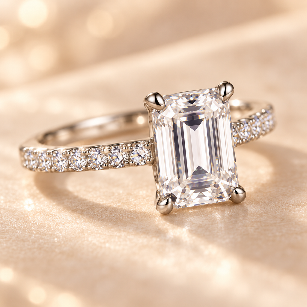 Macro view of the Celestia Ring emerald-cut lab-grown diamond and zircon pavé setting