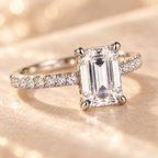 Macro view of the Celestia Ring emerald-cut lab-grown diamond and zircon pavé setting
