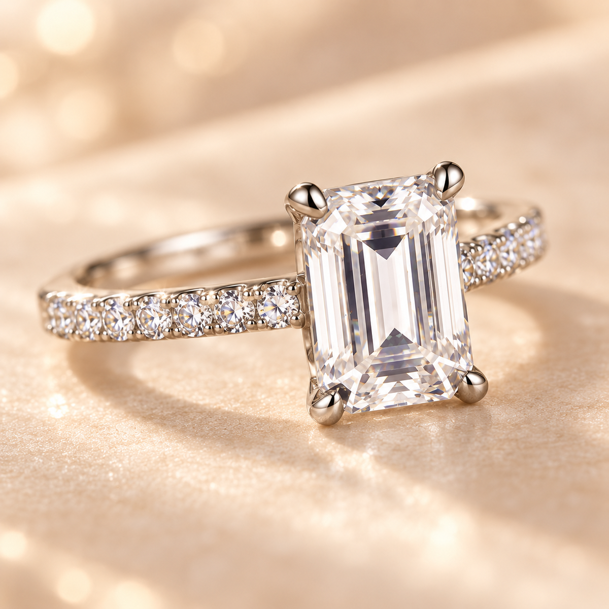 Macro view of the Celestia Ring emerald-cut lab-grown diamond and zircon pavé setting