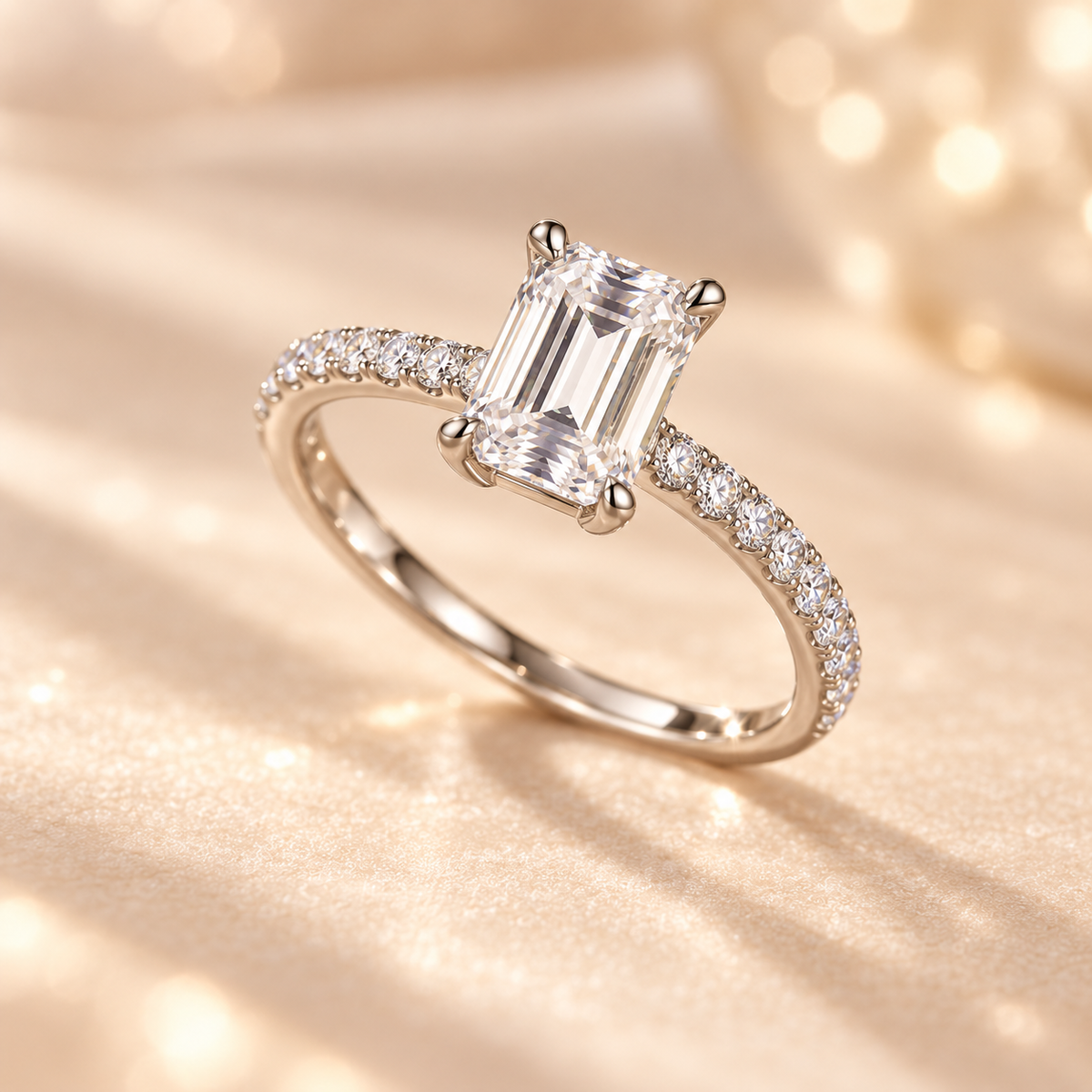 Three-quarter view of the Celestia Ring in rhodium-plated 925 sterling silver