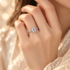Celestia Ring worn on hand with 1 carat emerald-cut lab-grown diamond and zircon pavé band