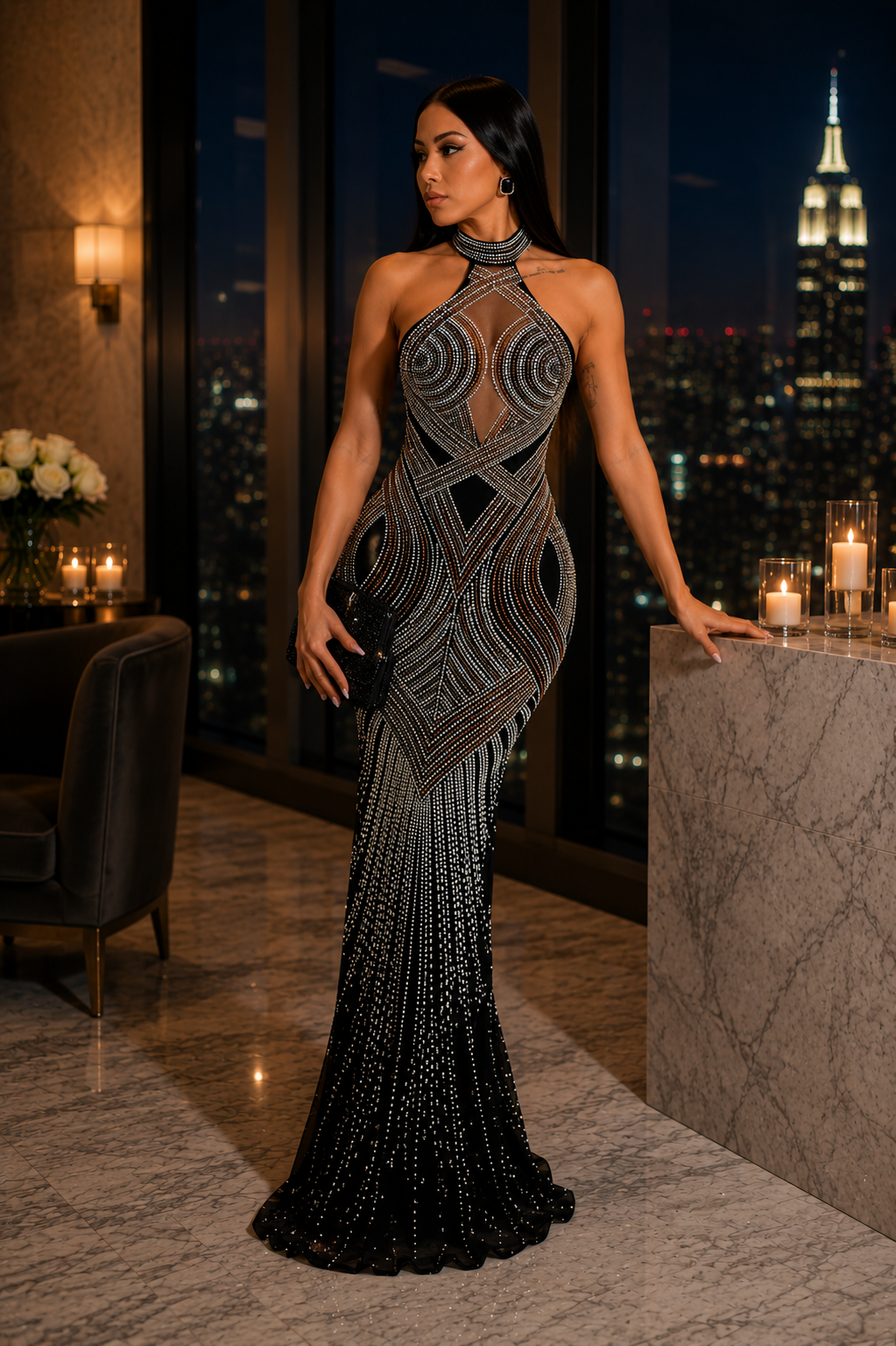 Maison Bragga Velora black crystal-embellished halter evening gown in a luxurious penthouse setting