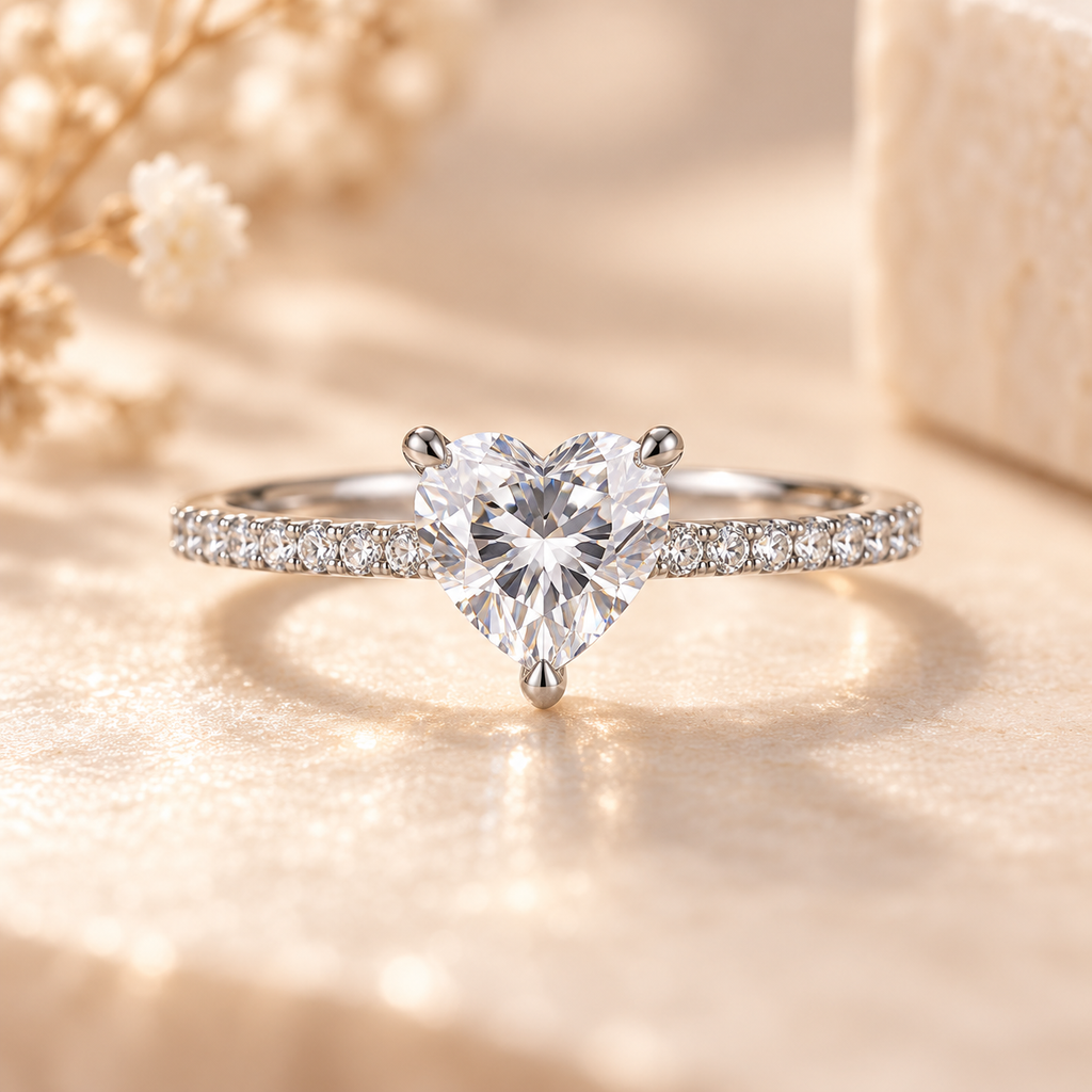 Élysée Ring with 1 carat heart-shaped lab-grown diamond and zircon pavé band
