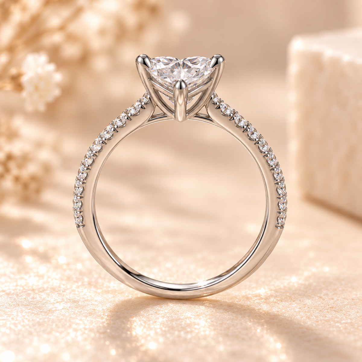 Macro view of the Élysée Ring heart-shaped lab-grown diamond and zircon pavé setting