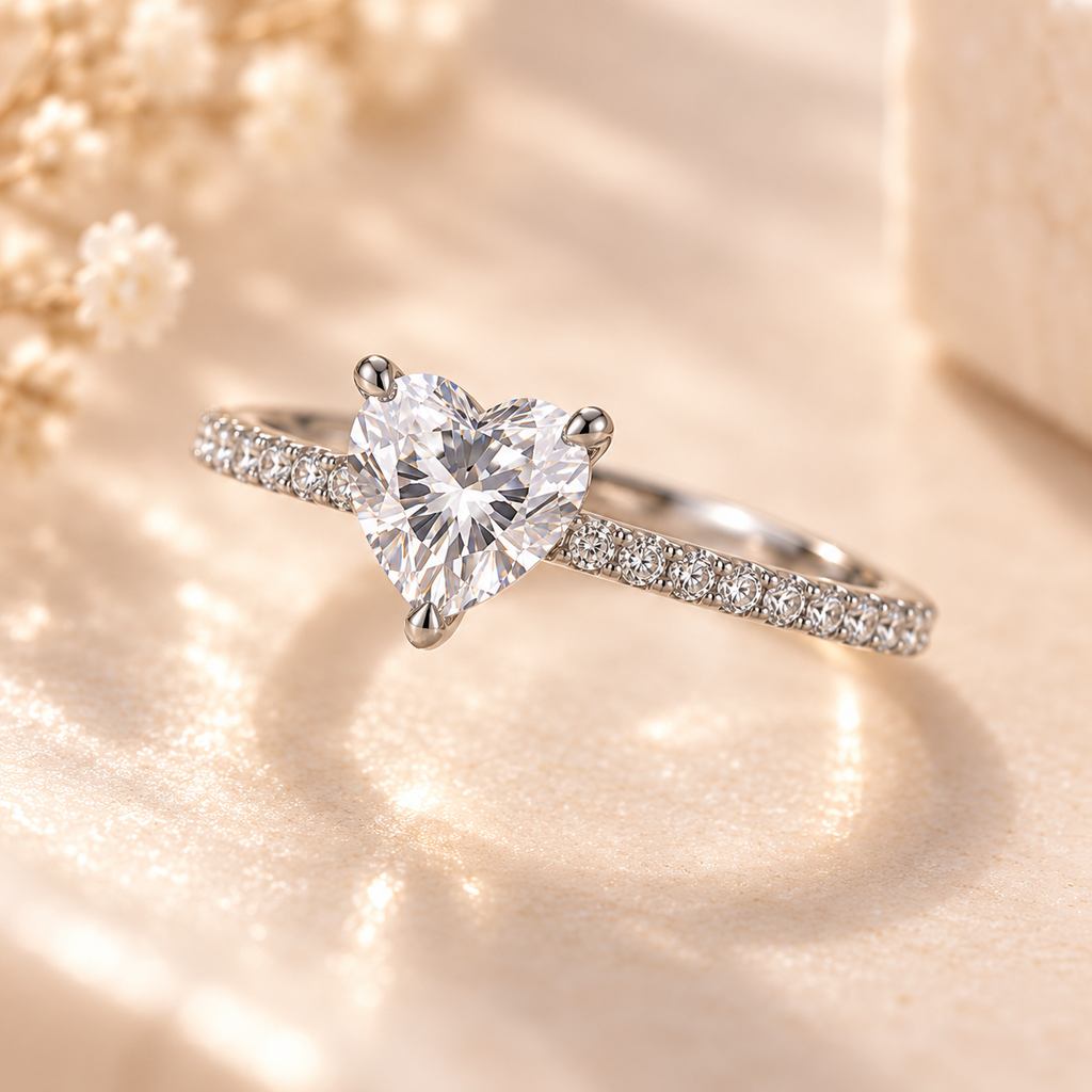 Rear profile of the Élysée Ring showing the heart-shaped center stone and raised setting