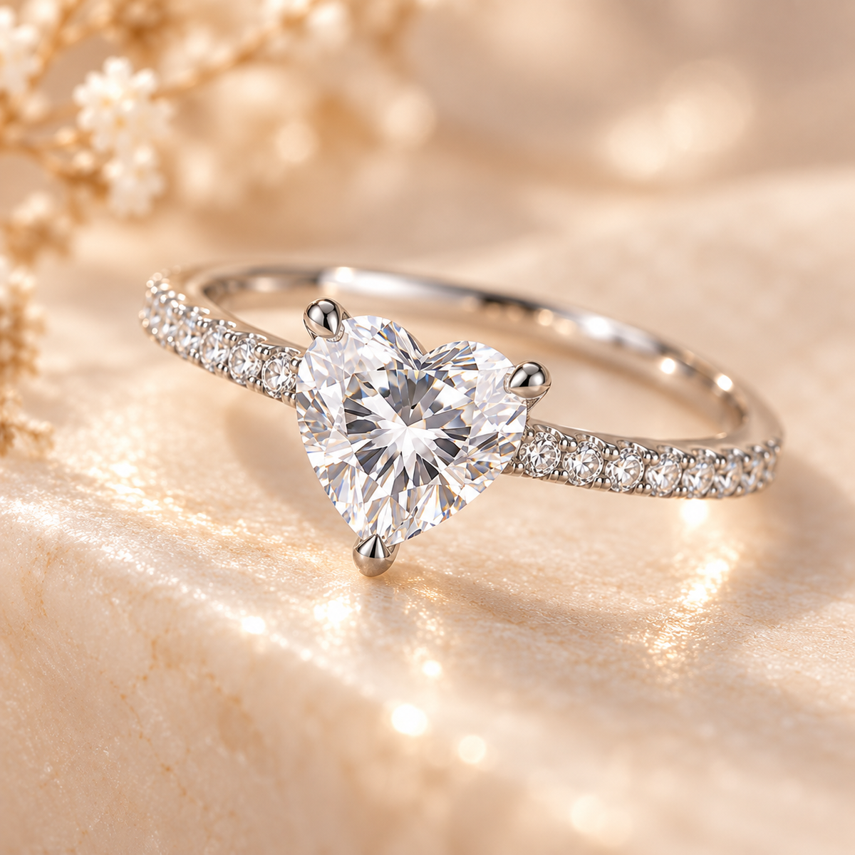 Three-quarter view of the Élysée Ring in rhodium-plated 925 sterling silver