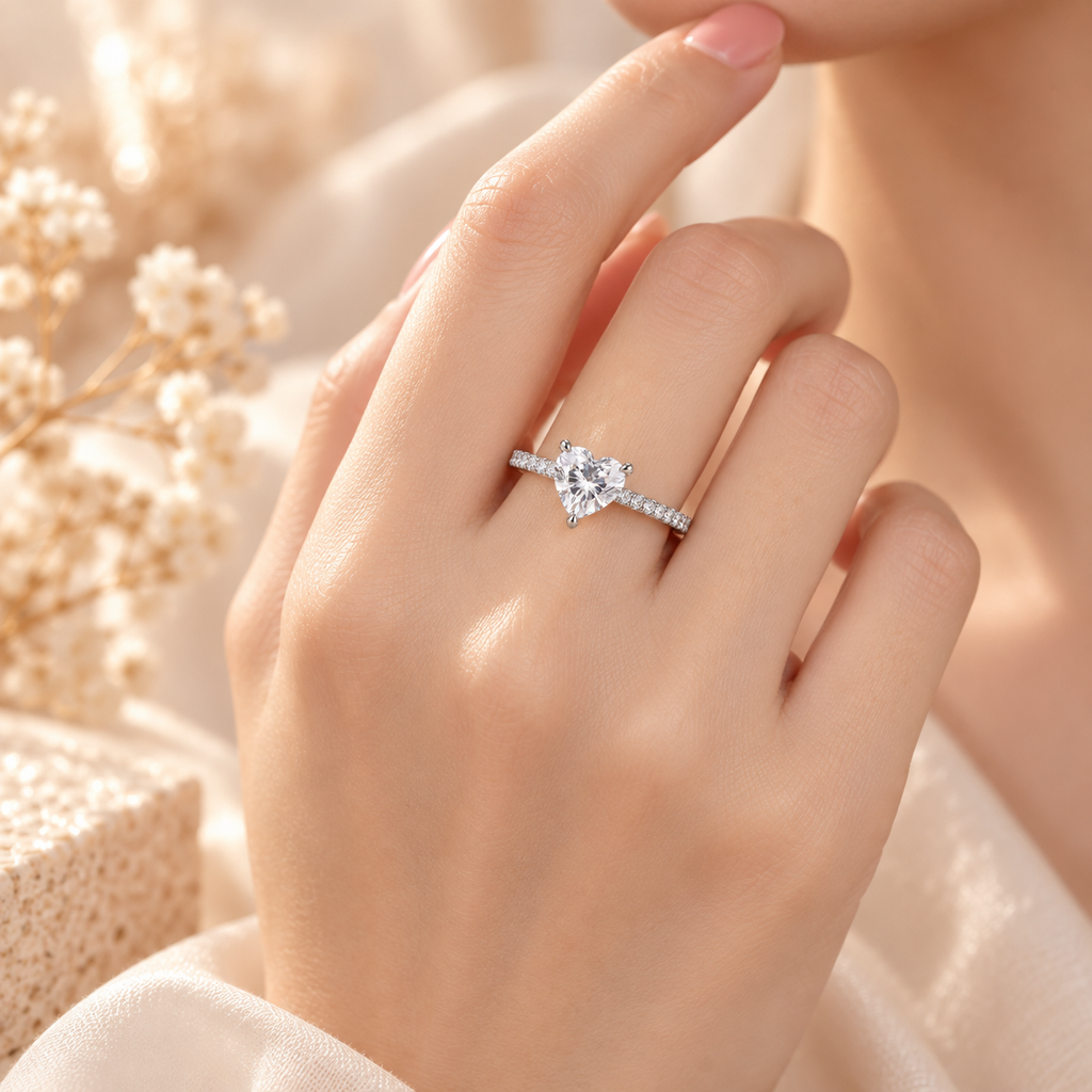 Élysée Ring worn on hand with heart-shaped lab-grown diamond and zircon pavé band
