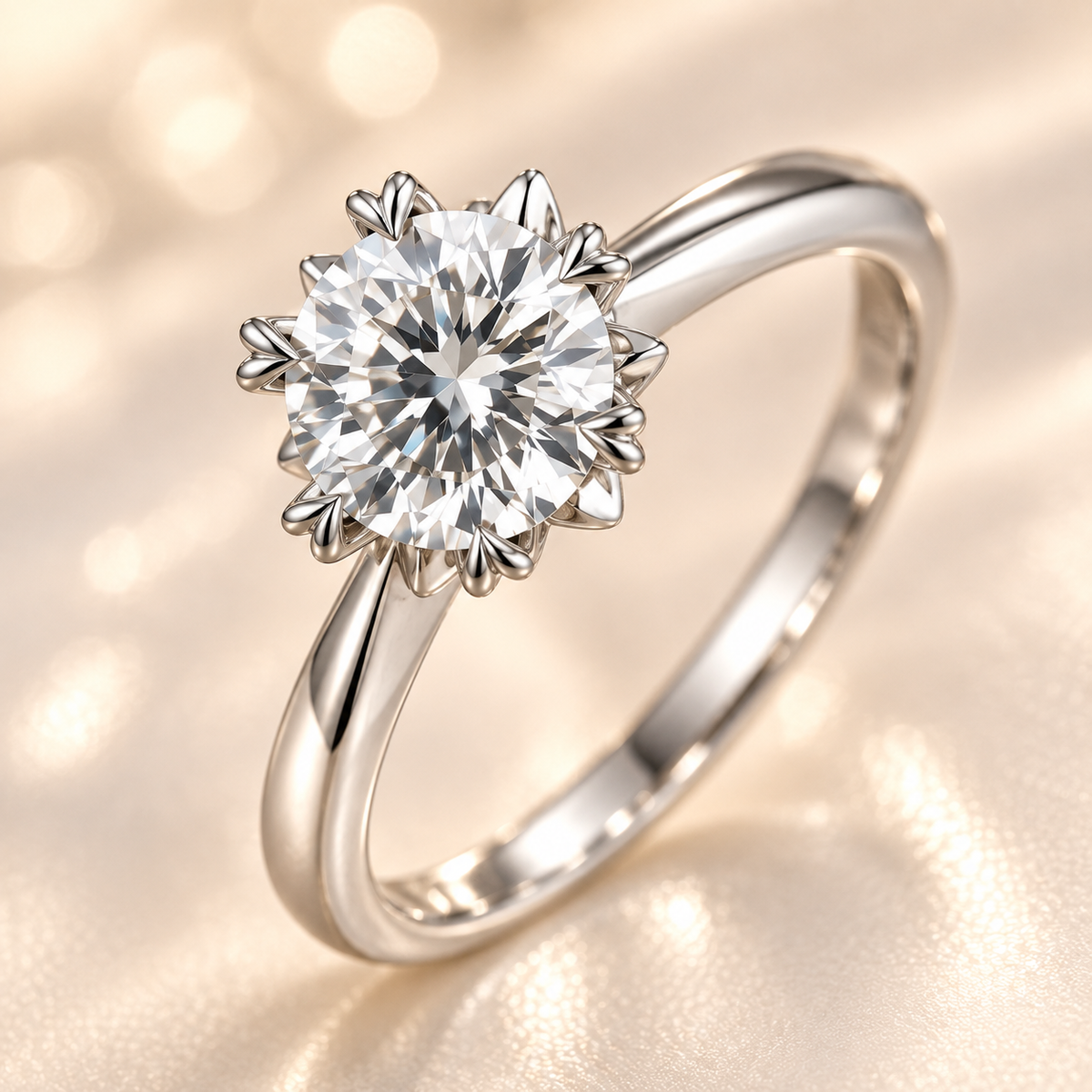 Macro view of the Élysia Diamond Ring round brilliant lab-grown diamond and floral snowflake setting