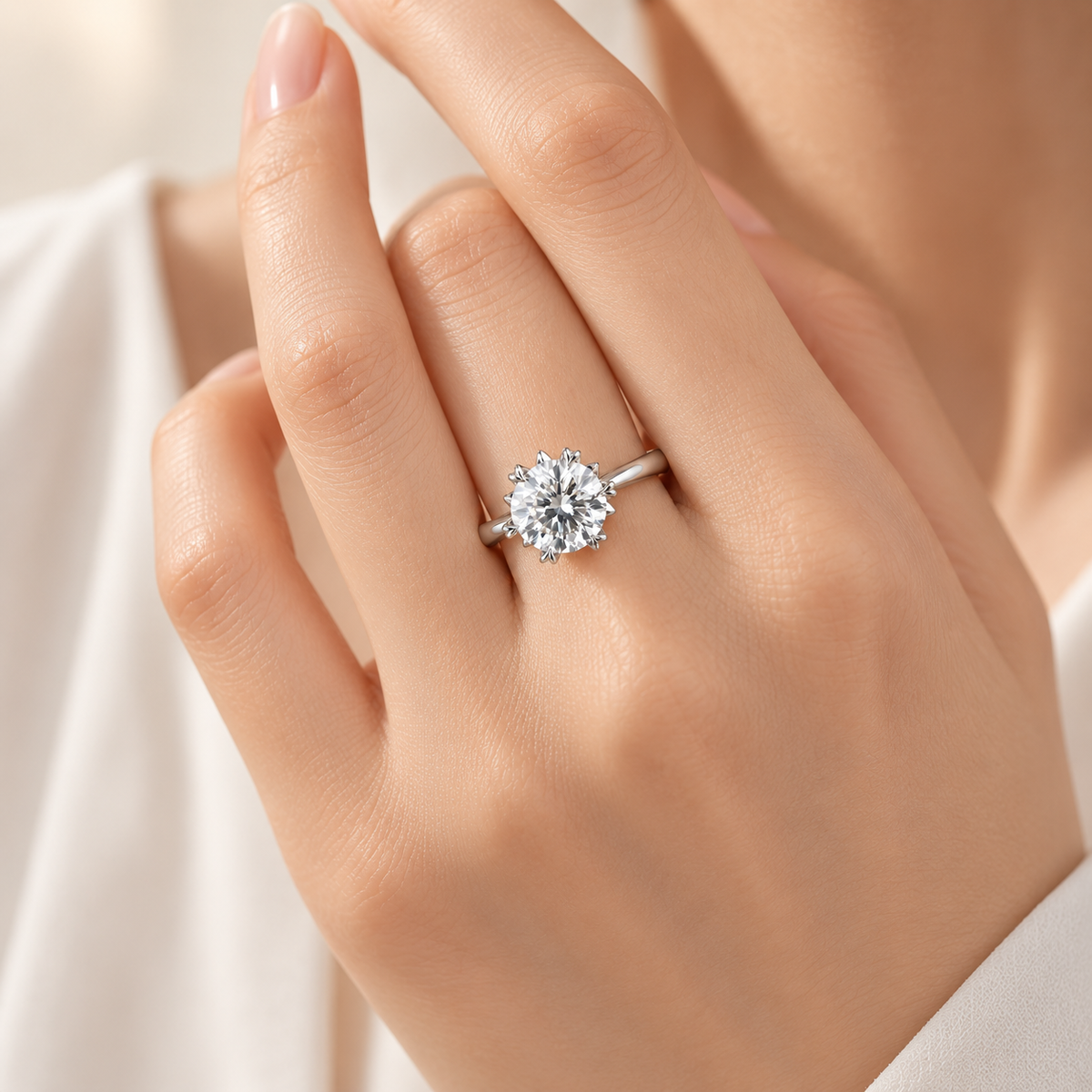 Élysia Diamond Ring worn on hand with 1 carat round brilliant lab-grown diamond