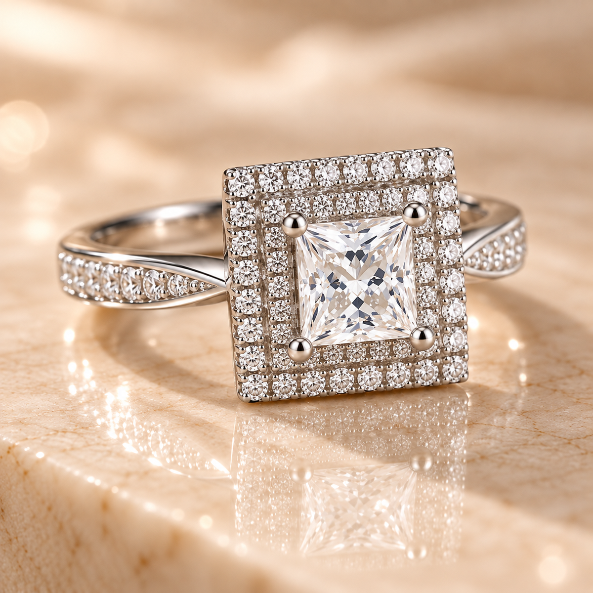 Macro front view of the Imperial Diamond Ring with princess-cut lab-grown diamond and double halo