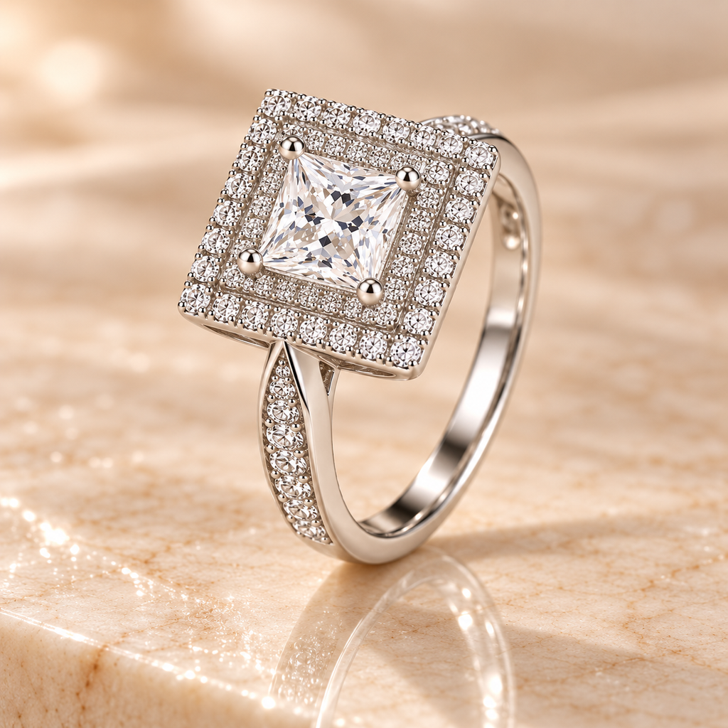 Three-quarter view of the Imperial Diamond Ring with princess-cut center stone and pavé shoulders