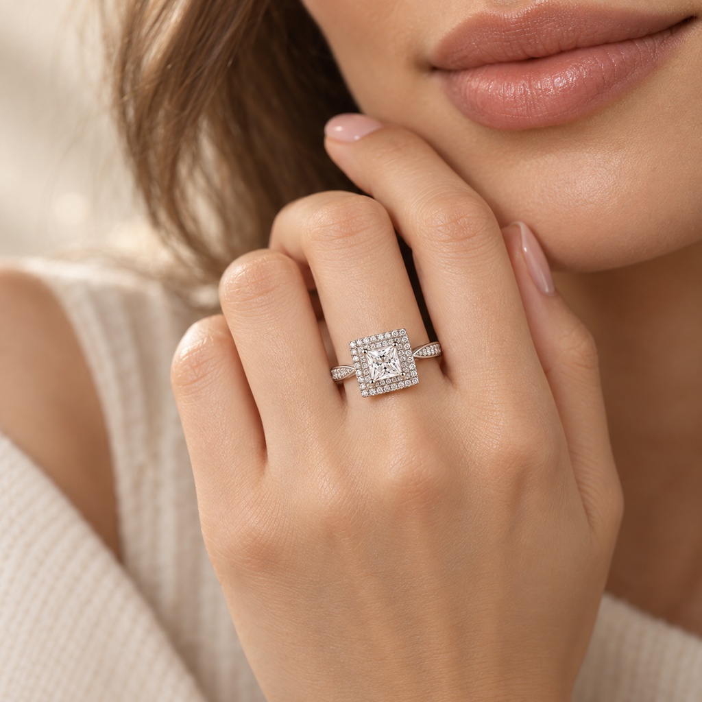 Imperial Diamond Ring worn on hand with princess-cut lab-grown diamond and pavé halo