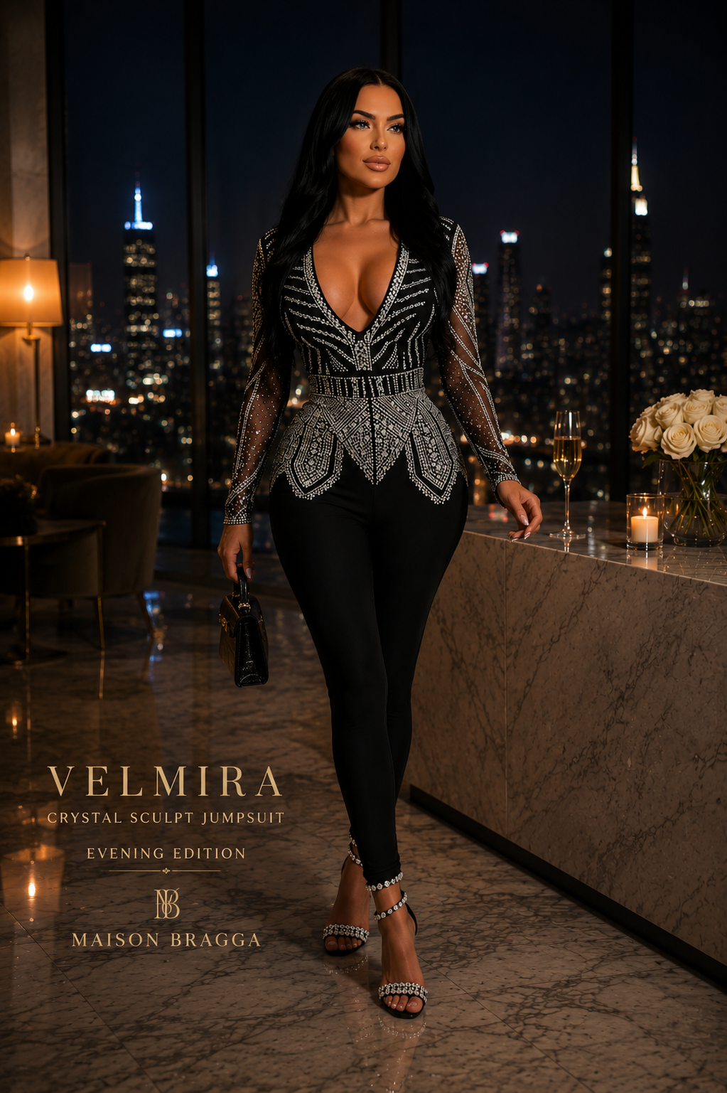 Maison Bragga Velmira black crystal-embellished sculpting jumpsuit worn in a luxury penthouse at night