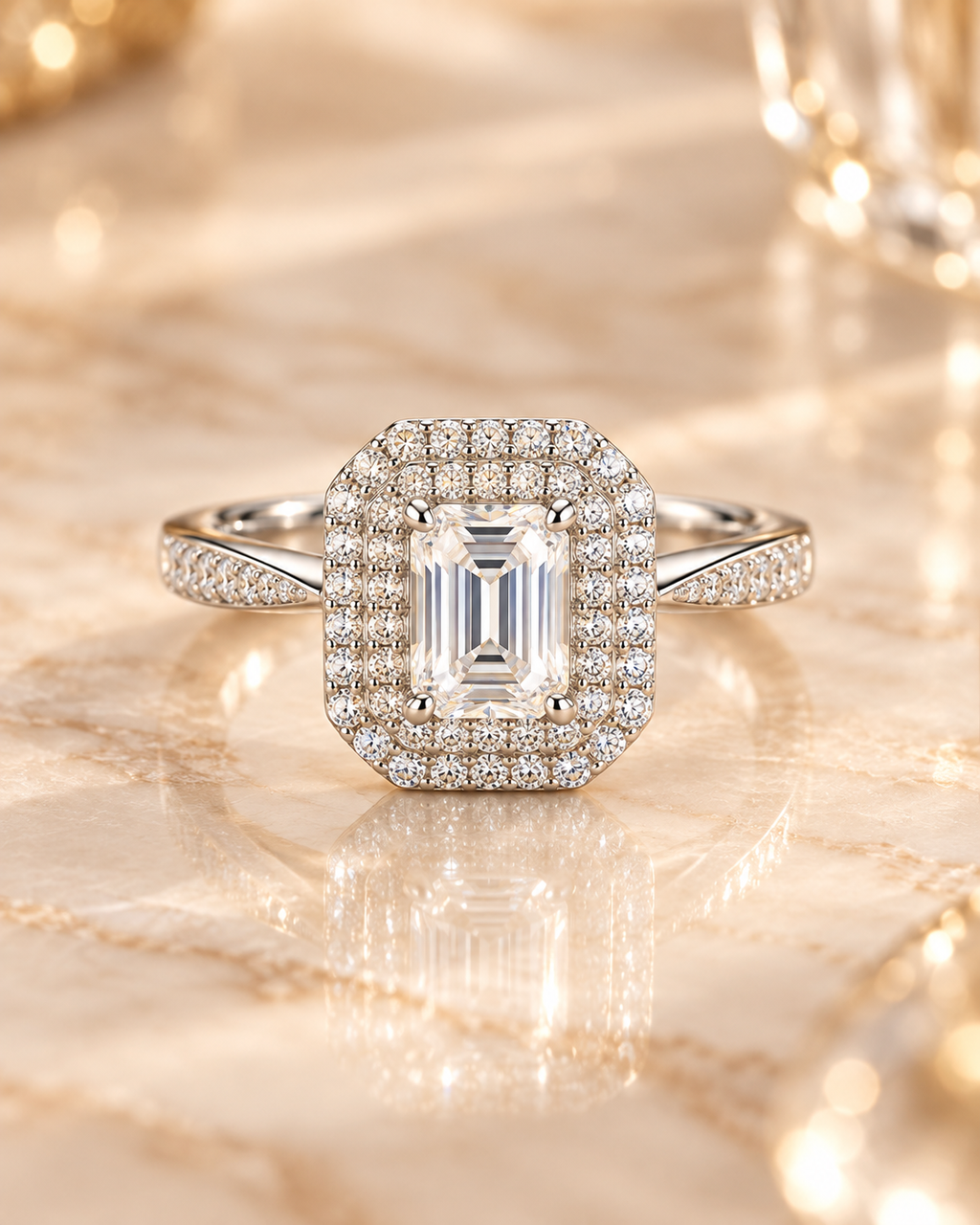 Front view of the Lumière Ring with 1 carat emerald-cut lab-grown diamond and double zircon halo