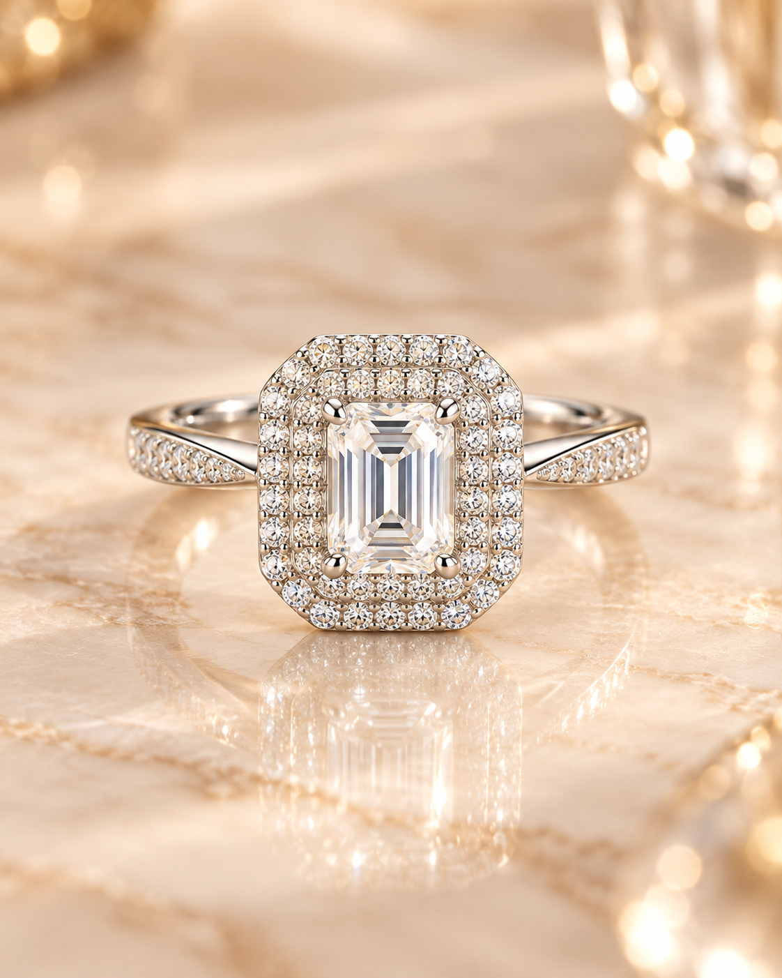 Front view of the Lumière Ring with 1 carat emerald-cut lab-grown diamond and double zircon halo