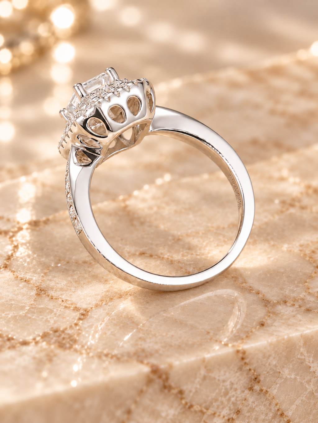 Three-quarter view of the Lumière Ring showing the emerald-cut center and double zircon halo