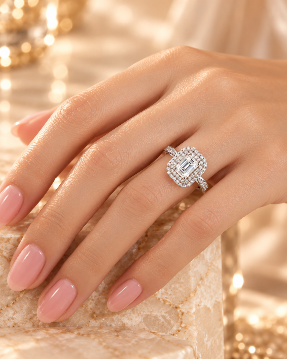 Lumière Ring worn on hand with emerald-cut lab-grown diamond and double zircon halo