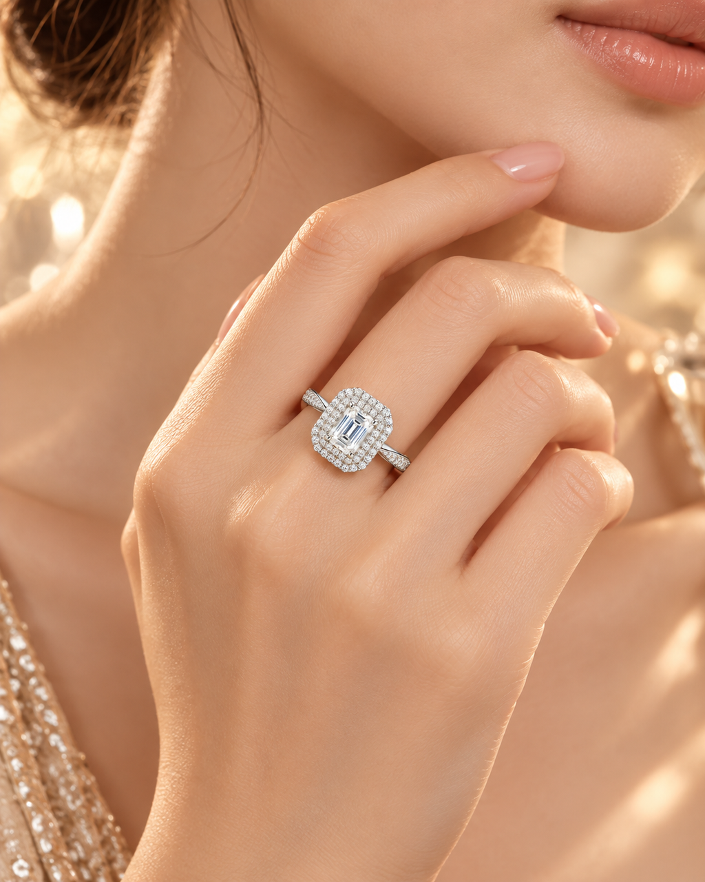 Lifestyle view of the Lumière Ring with emerald-cut center diamond and pavé shoulders