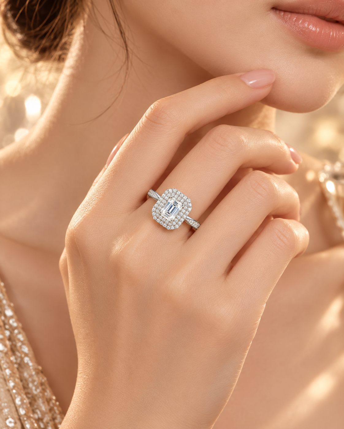 Lifestyle view of the Lumière Ring with emerald-cut center diamond and pavé shoulders