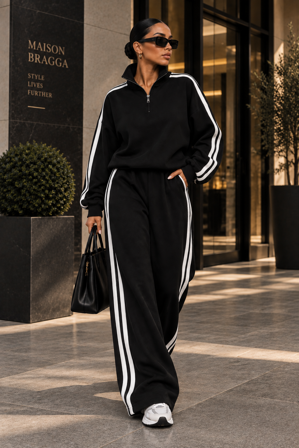 Velmora Street Set in Black styled in a luxury urban setting